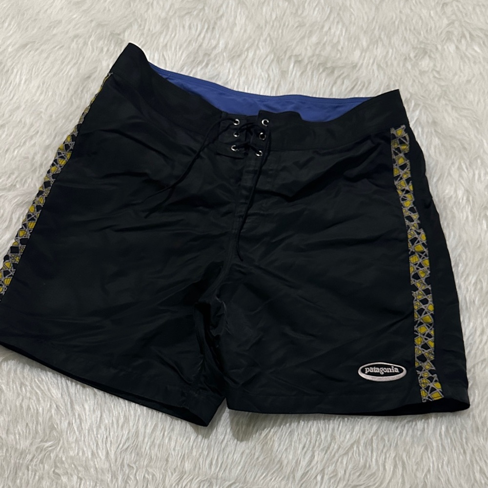 Vintage Patagonia Men's Black and Yellow Swim Shorts